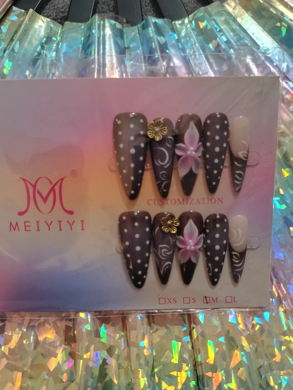 Meiyiyi Brown & Pink Floral Stiletto Press-On Nail Set